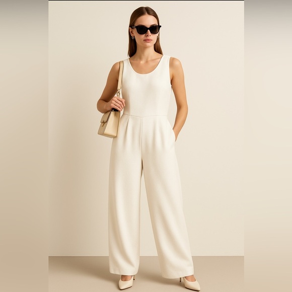 Bishop + Young White Jumpsuit Quiet Luxury Wide Leg Clean Girl Aesthetic - Picture 1 of 9